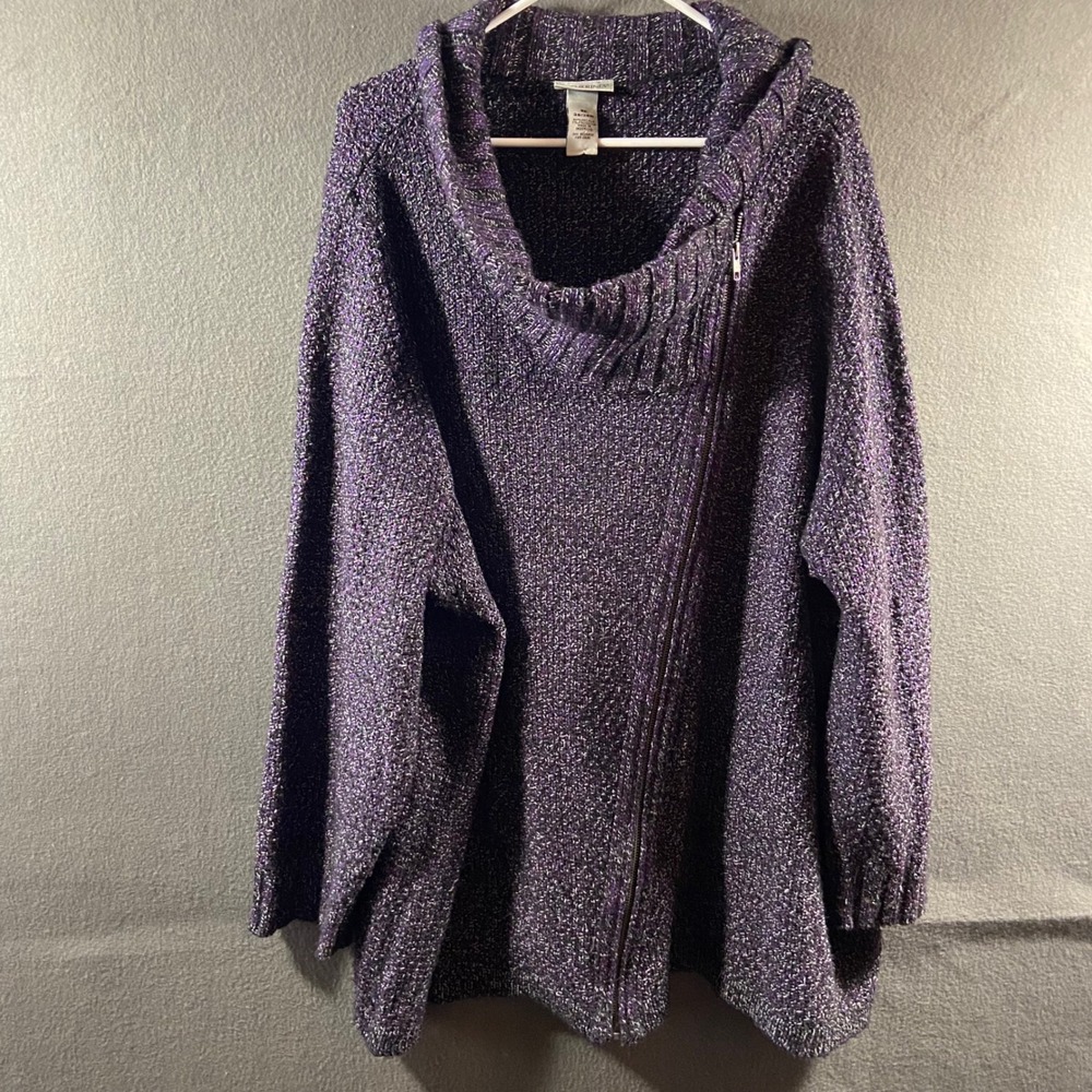 Catherines 3x Sweater Cardigan Asymmetrical Zip Cowl Neck Purple chunky Knit 28W